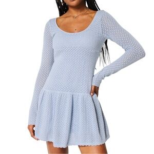 Hollister Crochet Knit Mini Dress Women’s XL Blue Long Sleeve Drop Waist Skater